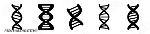 Five diverse DNA double helix structures represented in black and white