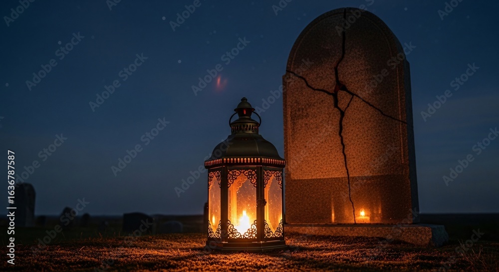 Obraz premium Vintage lantern illuminates a cracked tombstone in a quiet graveyard under a starry night sky.