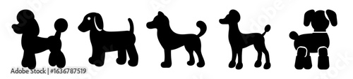 Black silhouettes of various dog breeds in a minimalist cartoon style composition
