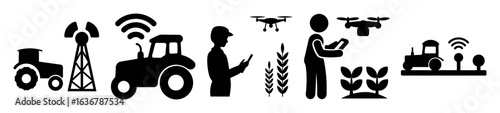 Concept illustration of precision agriculture incorporating drones, communication towers, and tractors