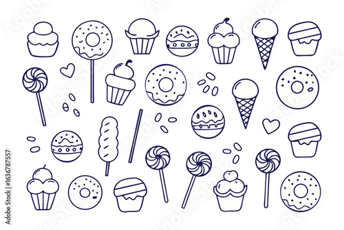 Sweet Treats: A delightful array of hand-drawn desserts and candies, arranged in a charming, illustrative style that captures the joy and indulgence of sweet delicacies.
