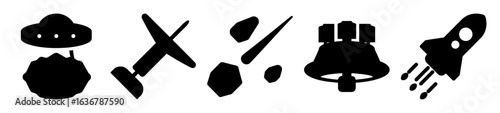 Collection of various black and white simple space themed icons in a row