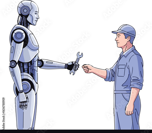 A humanoid robot in a workshop setting hands a wrench to a human worker wearing a hard hat and overalls, symbolizing collaboration and technological advancement.