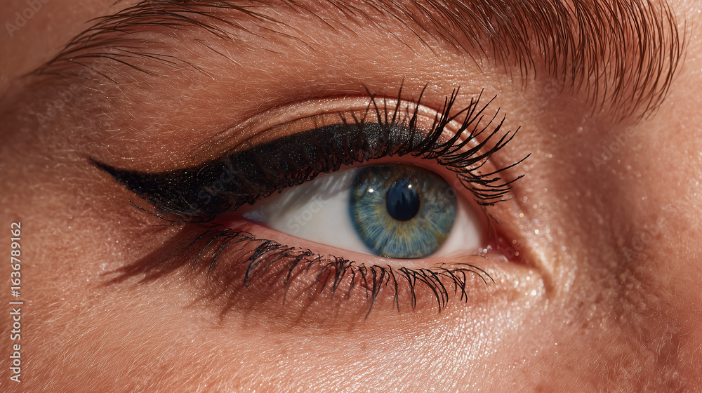 Obraz premium A close-up of an eye with winged eyeliner and volumizing mascara