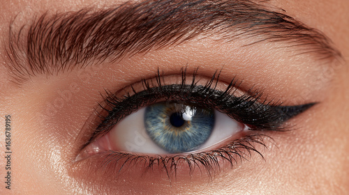 A close-up of an eye with winged eyeliner and volumizing mascara