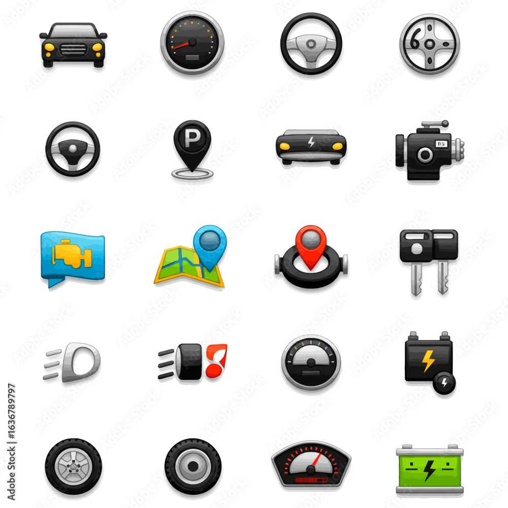 Fototapeta premium Collection of car and driving related icons; speedometer, steering wheel, engine, map, battery.