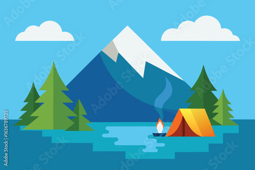 a lakeside campsite with a tent and campfire smoke