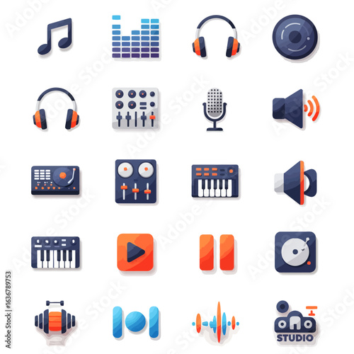 Collection of flat design icons representing audio equipment and music production tools.