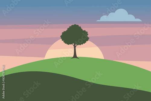 a grassy hill with a lone tree under a pastel sunset