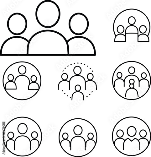 Corporate leadership and teamwork vector illustrations, minimalist line art of business groups and individuals perfect for websites, apps, and presentations.