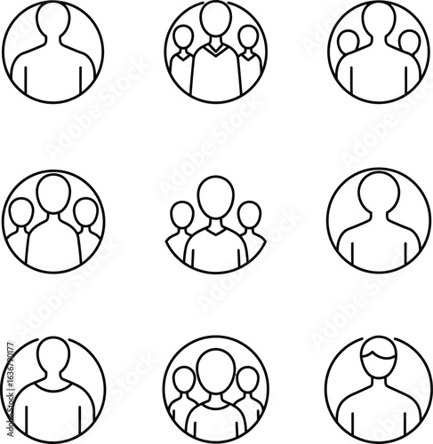 Corporate leadership and teamwork vector illustrations, minimalist line art of business groups and individuals perfect for websites, apps, and presentations.