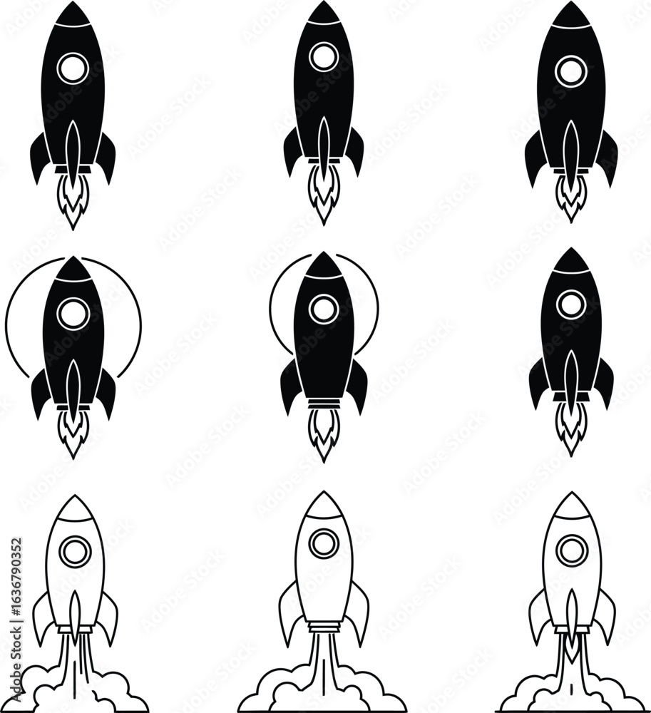 Obraz premium Minimalist rocket launch vector illustrations, a black and white line art icon set for business startups, innovation, and technology concepts.