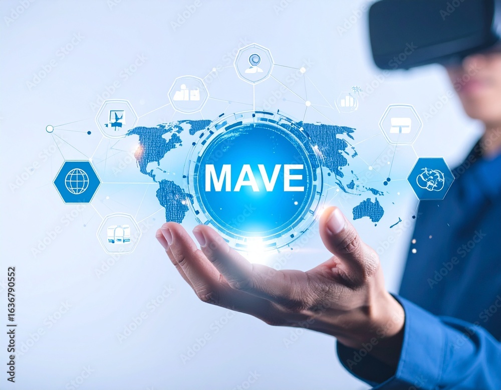 Naklejka premium Man using VR headset with MAVE metaverse interface and global network.