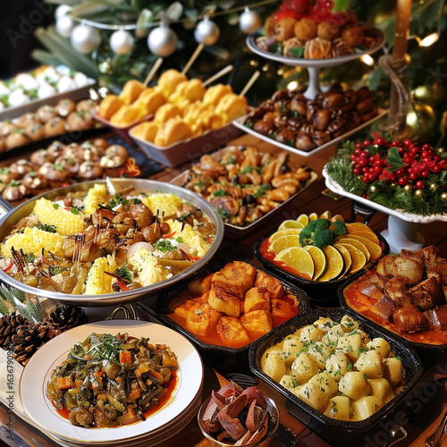 Christmas buffet table delicious food holiday feast catering service party celebration festive dining spread