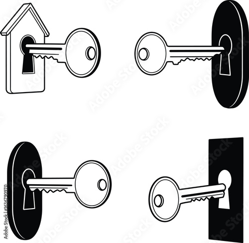 Vintage key and keyhole vector illustrations, a set of black and white icons representing security, access, solutions, and home ownership concepts.