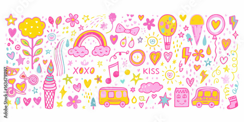 Whimsical doodle collection of cute and colorful elements