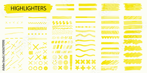 Collection of yellow highlighter brush strokes and marks