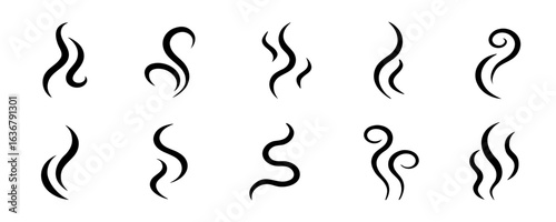 Steam Icons Set: 10 Different Hot Vapor, Smoke, Aroma Clipart Illustrations