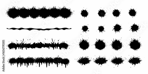 Collection of black ink splatter brush strokes and splats