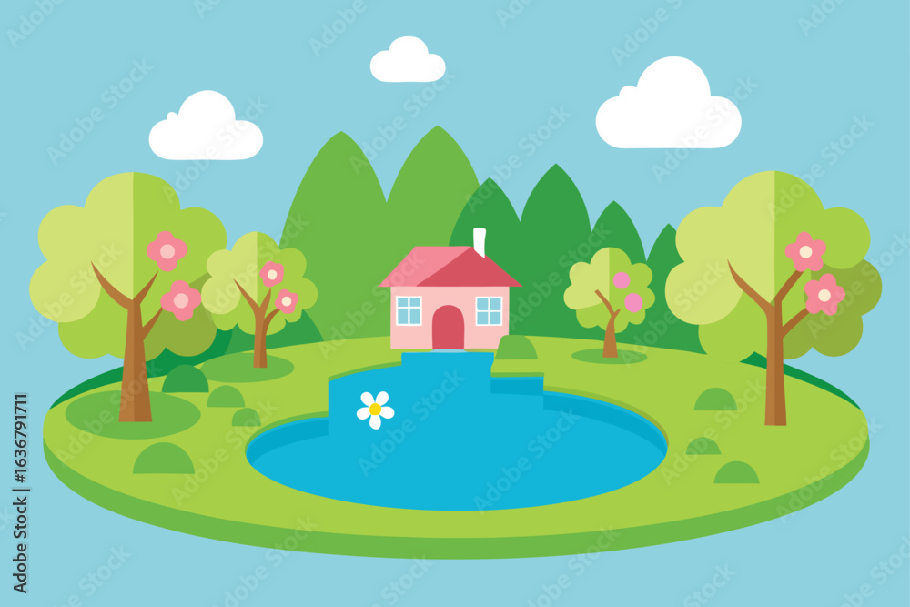 Fototapeta premium a village pond surrounded by flowering trees