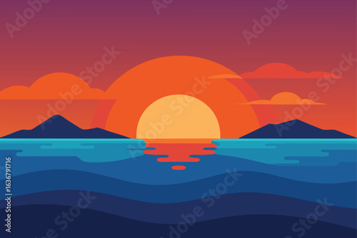 a sunset view over calm ocean waters with distant islands