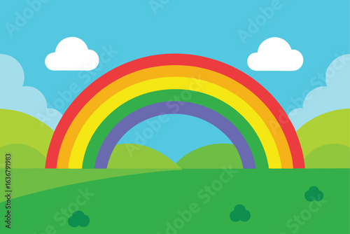a meadow under a double rainbow after rain