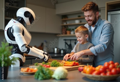 A robot assisting a father and son with preparing vegetables