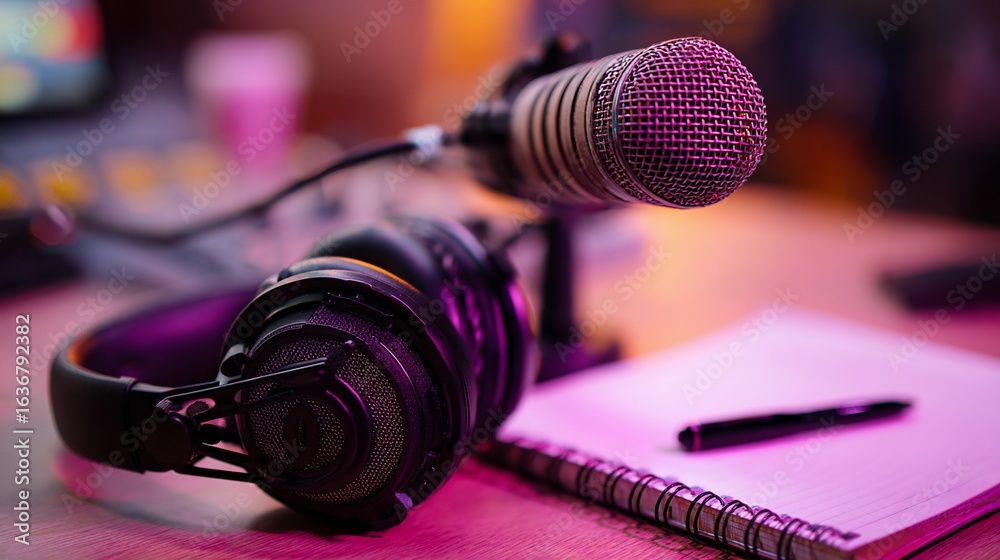 Obraz premium Microphone and Headphones on Desk; Preparing for Recording Session in Studio