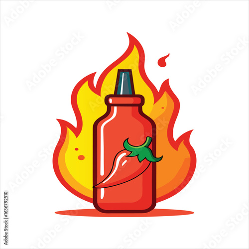 Cartoon Hot Sauce Bottle with Fire and Red Chilies
