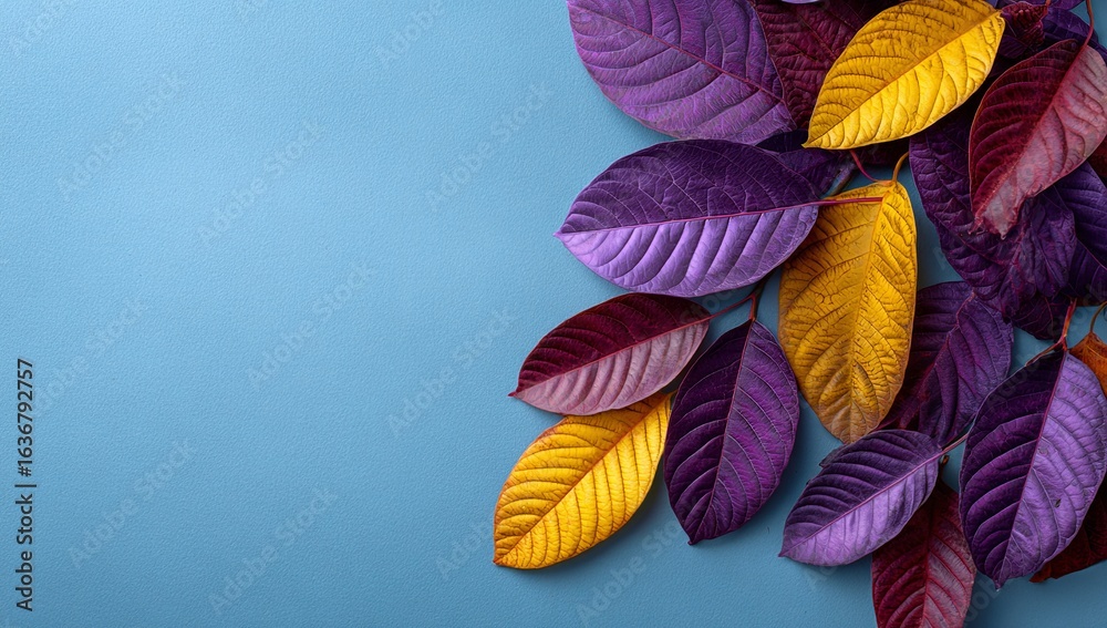 Fototapeta premium Colorful leaves in various shades of purple, yellow, and red are arranged on the right side against a blue background. 