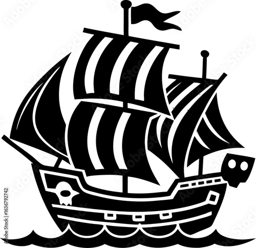 Black and White Silhouette of a Pirate Ship sailing ship
