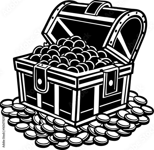 Detailed black and white treasure chest with many coins
