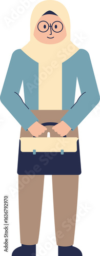 A woman with glasses and a hijab holds a briefcase, standing in a professional attire.