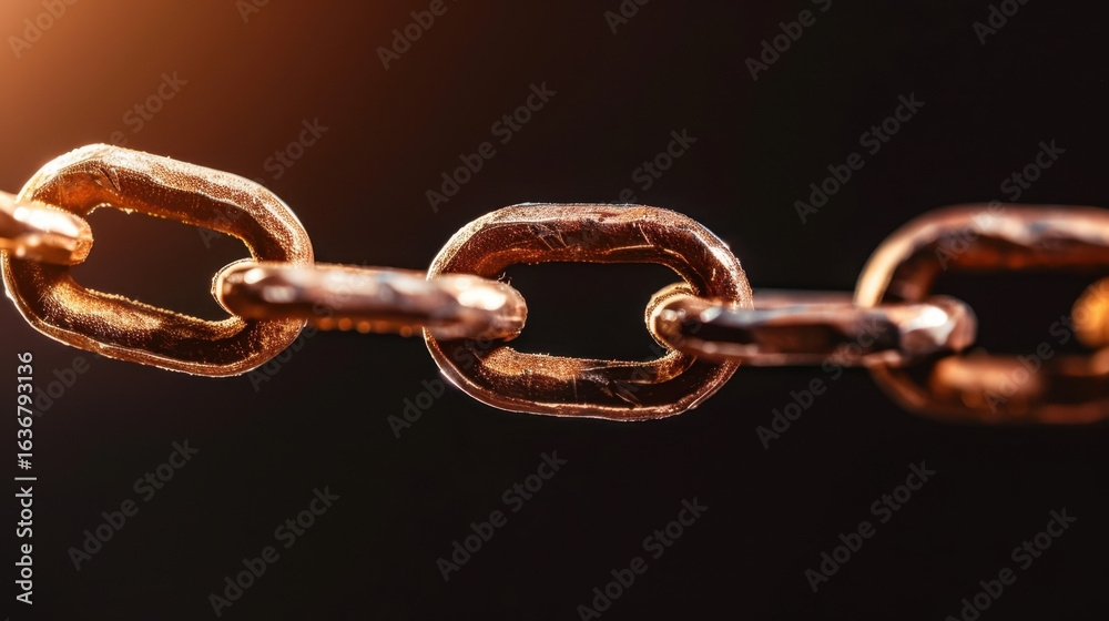 Fototapeta premium Close up view of metallic chain link, showcasing its texture and shine against dark background. warm light highlights details, creating striking visual contrast