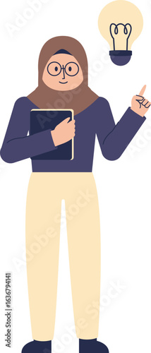 Woman in hijab with tablet, having a bright idea.