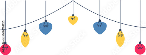 A festive string of colorful, stylized light bulbs, including red, blue, and yellow, suspended from a wire against a white background.