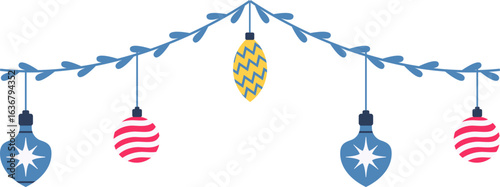 A decorative blue garland with various hanging Christmas ornaments, including baubles, stars, and a central pinecone.