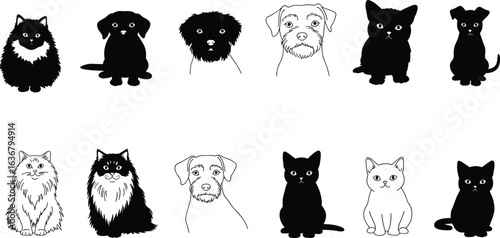 Cat and dog illustration set, silhouette and line art comparison, pet animal drawing styles, domestic pets vector graphic collection