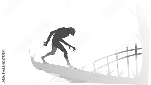 Silhouette of a werewolf walking along a ridge near a fence in a grayscale illustration