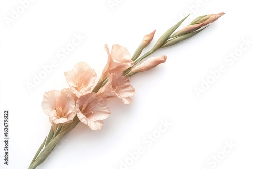 Minimalist depiction of a single gladiolus flower stem with blooming flowers and buds on a pristine white background, creating a serene and elegant composition