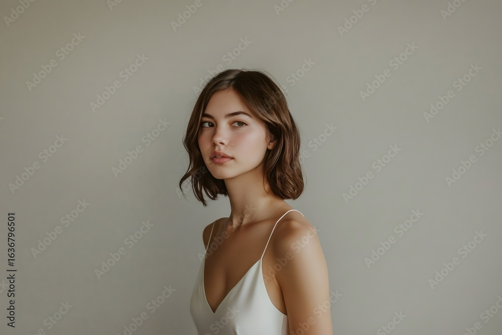 Young woman with short brown hair posing in a minimalist fashion portrait, wearing a white top Young woman with short brown hair posing in a minimalist fashion portrait, wearing a white top