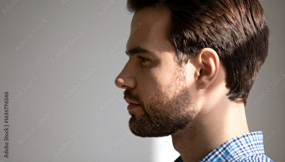 Obraz premium Man Profile Portrait Looking Thoughtful with Beard and Blue Shirt