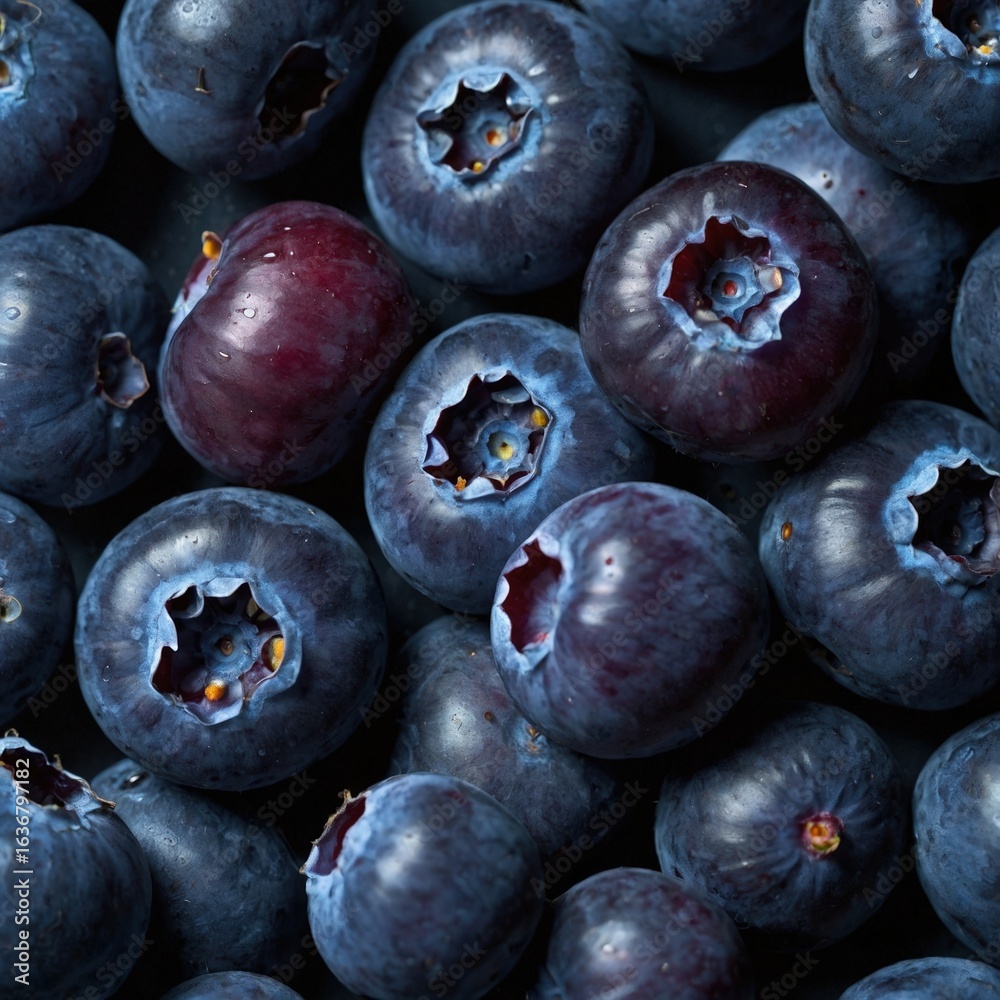 Obraz premium A close-up, high-detail macro shot of a blueberry cluster, illuminated by a single, dramatic spotlight in a dark studio. The focus is on the subtle blue and purple hues and the powdery bloom on the be