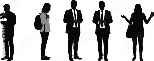 Silhouettes of diverse people standing, business and casual attire, holding phones, backpacks, handbags, isolated on white background, communication concept
