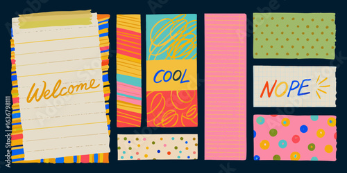 Colorful collage of handwritten words and patterns