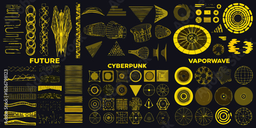 Collection of futuristic cyberpunk and vaporwave geometric design elements