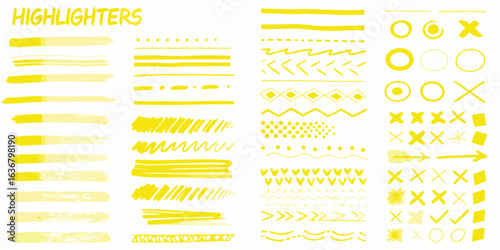 Collection of yellow highlighter strokes and decorative lines
