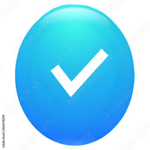 A glossy, light-blue oval button displays a prominent white checkmark.