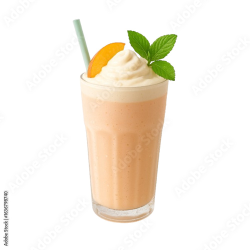 Peach smoothie with whipped cream and mint isolated on transparent background