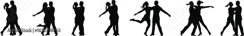 Silhouettes of dancing couples in motion, elegant dance poses, black and white contrast, expressive choreography, romantic movement, artistic rhythm, graceful interaction